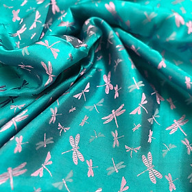 Vải Lụa Tơ Tằm văn chuồn chuồn màu xanh lam, mềm#mượt#mịn, dệt thủ công, khổ vải 90cm