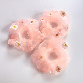 Combo 3 dây buộc tóc Scrunchies cúc hồng thêu (Tặng kèm kẹp tóc ngẫu nhiên)