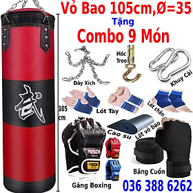 Sét vỏ bao cát đấm bốc boxing 3 lớp + găng mma hở ngón cao cấp + băng đa 5 m siêu bền - Tặng kèm dây xích + móc treo + vít nở sắt