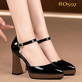 Giày sandal nữ cao gót 8 phân hàng hiệu rosata hai màu đen đỏ và đen nâu ro597