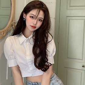 áo sơ mi nữ kiểu croptop cộc tay cổ đức phối nẹp gấu bản to tay phồng cá tính