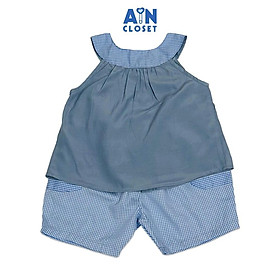 Bộ quần áo Ngắn bé gái họa tiết Caro Nhí Xanh Xám cổ yếm cotton. - AICDBTWQMCKG - AIN Closet