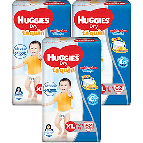 Combo 3 Gói Tã Quần Huggies Dry Gói Cực Đại XL62 (62 Miếng) - Bao Bì Mới