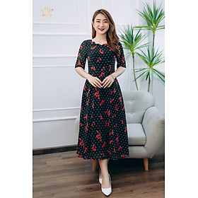 Đầm xòe thiết kế trung niên cao cấp quý phái Cổ sóng nước tay ngắn màu Đen Bi TTV STORE TTV1372