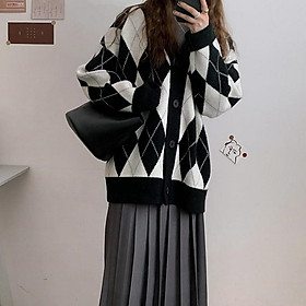 Hàng Sẵn_ Áo khoác cardigan nữ áo len dệt kim dáng rộng họa tiết hình quả trám