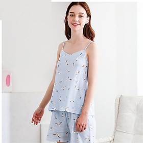 Red Bean Home 2019 Spring and Summer New Women Pajamas Cotton Flower Sling Shorts Home Service Set 328 Blue 165/88A