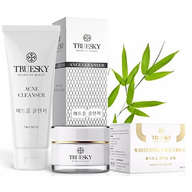 Bộ sản phẩm hỗ trợ trị mụn và dưỡng trắng da mặt Truesky gồm 1 sữa rửa mặt than hoạt tính 60ml & 1 kem dưỡng trắng da mặt 10g