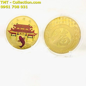Móc Khóa - Dây Treo - Đồng Xu Cá Chép Vượt Vũ Môn In Màu, đường kính: 4cm