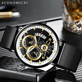 Đồng Hồ Nam Chính Hãng ECONOMICXI Dây Thép Lụa Đen Có Lịch Ngày Mặt Mỏng Cao Cấp - Phong Cách Hàn Quốc ECNT56