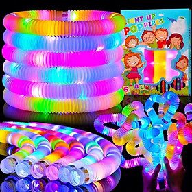 Đồ chơi ống pop pipes: có đèn led phát sáng. Hộp 6 cây 6 màu màu khác nhau. Kích thước hộp: 20*20 cm