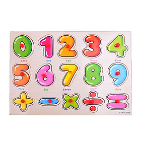 Bảng ghép gỗ khổ A4 hình chữ số và dấu núm nhựa có minh họa đồ chơi giáo dục sớm cho trẻ em