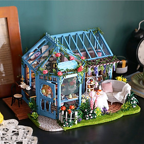 Mô hình nhà DIY Doll House Rose Garden Tea House Kèm Đèn LED, Hộp nhạc và MICA chống bụi