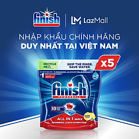 Combo 05 túi Viên Rửa Chén Bát Hương Chanh Finish Powerball All In 1 Max Lemon Sparkle 30 viên