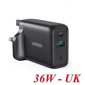 Ugreen UG60469CD170TK 36W QC3.0 - 4.0 sạc USB A và type C màu đen chân cắm chuẩn UK - HÀNG CHÍNH HÃNG