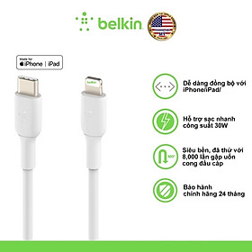 Cáp Sạc Nhanh Belkin USB Type C to Light ning BOOST↑CHARGE 30W Vỏ Nhựa, Chứng Chỉ MFi, Siêu Bền