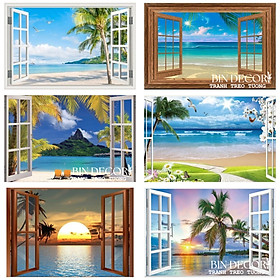 (HCM) Tranh dán tường 3d cửa sổ cảnh biển trang trí phòng khách, phòng ngủ,nhà hàng,khách sạn