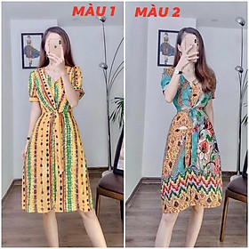 Đầm xoè cổ V 3 cúc ngực thiết kế 2 màu cực tây CC99
