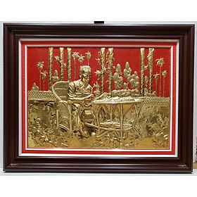 TRANH ĐỒNG VÀNG LIỀN TẤM, BÁC HỒ NGỒI GHẾ MÂY LÀM VIỆC TRONG VƯỜN HOA PHỦ CHỦ TỊCH