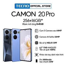 Điện thoại Tecno CAMON 20 Pro 8GB/256GB - Camera 64MP + 32MP | Helio G99 | 5000 mAh/ 33W | 6.7'' FHD AMOLED - Hàng Chính Hãng - BH 13 Tháng