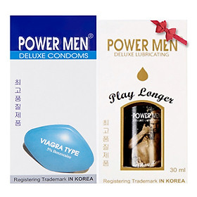 Bộ 1 Bao cao su siêu mỏng kéo dài Powermen Viagra Type (hộp 12c) và 1 Gel siêu kéo dài Powermen Longer (30ml)