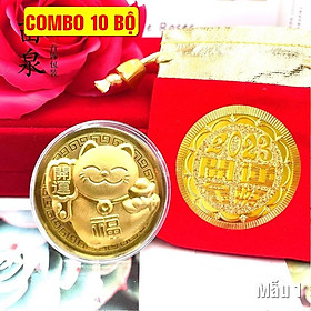 Full set 10 xu con Mèo màu vàng + tặng kèm túi gấm đỏ 2023 may mắn - Mẫu 1, Tiền lì xì tết 2023 , NELI