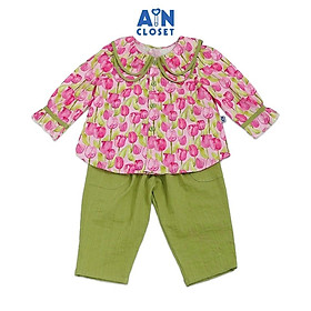 Bộ quần áo Dài bé gái họa tiết Tulip Hồng quần xanh cotton - AICDBGUXJSX4 - AIN Closet