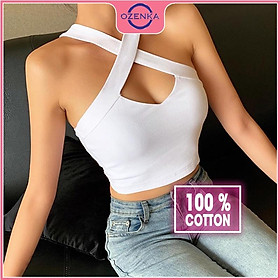 Áo 2 dây chéo croptop nữ, áo sát nách nữ thun gân 100% cotton ôm body gợi cảm màu đen trắng freesize dưới 50 kg