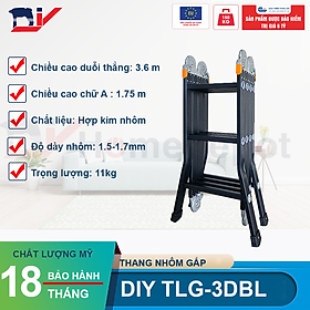 Thang nhôm gấp đoạn cao cấp chân choãi DIY TLG-3DBL chiều cao sử dụng chữ A 1.75M chữ I 3.6M