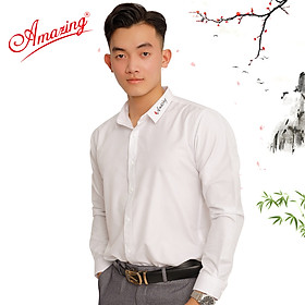 Áo sơ mi nam thêu chữ,  thương hiệu cao cấp Amazing, phong cách Hàn Quốc, form body slimfit, tay dài