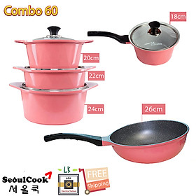 Combo 5 món cao cấp, bộ 4 nồi quánh đúc ceramic và Chảo đúc chống dính vân đá Hàn Quốc sâu lòng size 26cm - Hàng chính hãng