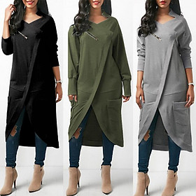 ZANZEA 2018 Winter Fashion Women Crew Neck Long Sleeve Midi Vestidos Leisure Solid Baggy Irregular Splits Work OL Dress Kaftan Army Green