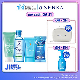 Bộ sản phẩm Senka làm sạch và chống nắng dành cho da mụn (Senka A.L.L.Clear Water Fresh 230ml + SRM Acne Care 100g + Senka Perfect UV Essence 50g) - Tặng Khăn giấy tẩy trang Senka 44 miếng