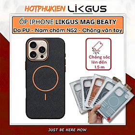 Ốp lưng da từ tính chống sốc cho iPhone 16 Pro Max / 15 Pro Max hiệu Likgus Beaty magnetic N52 - Da PU, Viền TPU, Bảo Vệ 360°, mỏng nhẹ - Hàng nhập khẩu - Đen Cam - iPhone 15 Pro Max