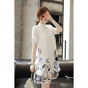 Đầm suông sơ mi họa tiết hạc