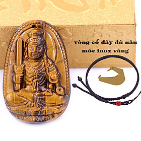 Mặt Phật Bất động minh vương đá mắt hổ kèm vòng cổ dây dù nâu + móc inox vàng, mặt dây chuyền Phật bản mệnh, vòng cổ mặt Phật
