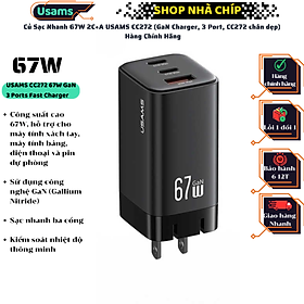 Củ Sạc Nhanh 67W 2C+A USAMS CC272 (GaN Charger, 3 Port, CC272 chân dẹp) Hàng Chính Hãng