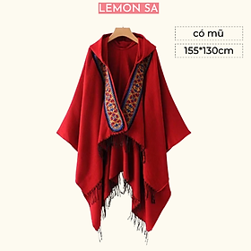 Áo choàng boho thổ cẩm mùa thu đông cho nữ tua rua Khăn len dạ dày ấm có mũ - Mã LE03 Lemon SA