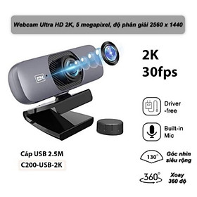 Webcam UHD 2K Kèm Micro, Xoay 360 Độ, Góc nhìn siêu rộng 130°, Phù Hợp Hội Nghị Học Online