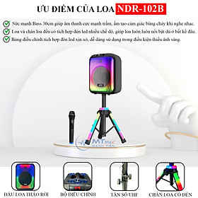 Loa Bluetooh Karaoke NDR 102B - Loa Đèn Led Cực Đẹp 7 Chế Độ, Âm Thanh Mạnh Mẽ, Trầm Ấm, Kết Nối Bluetooth, USB, TF, AUX, TWS, Đi Kèm Chân Loa Có Led RGB Và Micro Không Dây Đa Năng hàng chính hãng