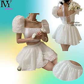 Set đầm váy áo croptop voan tơ lót lụa mút ngực cúp ngực tay phồng chân váy ngắn xòe đi biển dự tiệc cao cấp bigsize