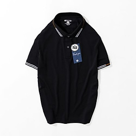 Áo thun polo nam phối cổ sọc Simple & Basic, vải mềm mịn, co giãn, thoáng mát, màu đen