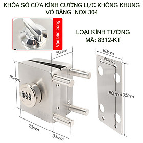 Khóa số cửa kính cường lực không khung bằng inox 304, khóa ngoài, chốt vặn trong (8312-cửa xoay)