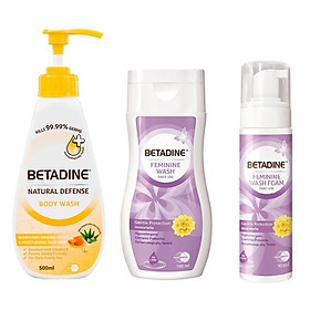 Combo Sữa tắm và dung dịch vệ sinh phụ nữ Betadine 500ml & 250ml + Tặng bọt vệ sinh phụ nữ Betadine bảo vệ dịu nhẹ 100ml