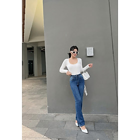 Áo Pull Croptop Dài Tay Cổ U Vải Zip Co Giãn Sành Điệu CT Jeans