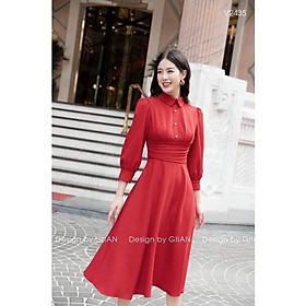 Đầm xoè đỏ li đai phối cúc sang chảnh