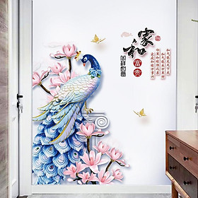 Decal dán tường Chim công xanh và hoa 3D