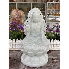 Tượng Phật A Di Đà, phật tổ như lai hào quang ngồi đài sen đá trắng xanh - Cao 30cm