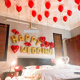 set bóng trang trí phòng cưới, phong tân hôn tông đỏ tặng kèm bơm tay, băng dính bóng, dây ruy băng