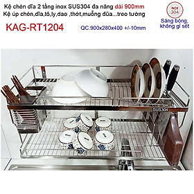 Kệ úp chén dĩa 2 tầng 90cm đa năng inox 304, kệ chén dĩa 2 tầng inox KAG-RT1204