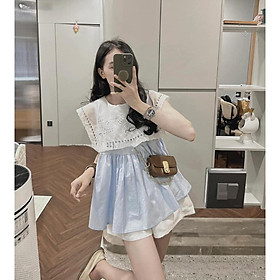 Set áo babydoll xanh và quần short trắng cực xinh